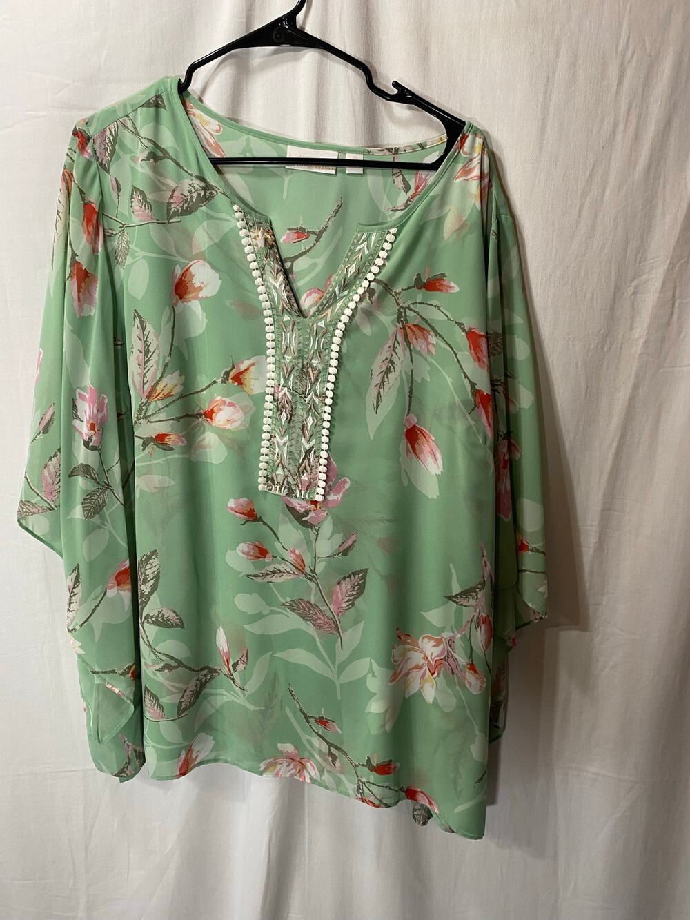 Belle Kim Gravel Floral Asymmetrical Bell Sleeve Embroidered V-neck Blouse 2X